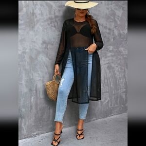 SHEIN Essnce Plus Split Hem Sheer Longline Mesh Top Without Bra 3XL